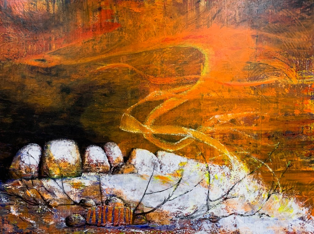 There is considerable diversity in the aboriginal myths dealing with the origin of fire... it originated in a lightning flash... it came from a burning mountain... it was accidentally discovered by man... This painting is about the playful fire sticks and the blazing log of the Southern Cross.