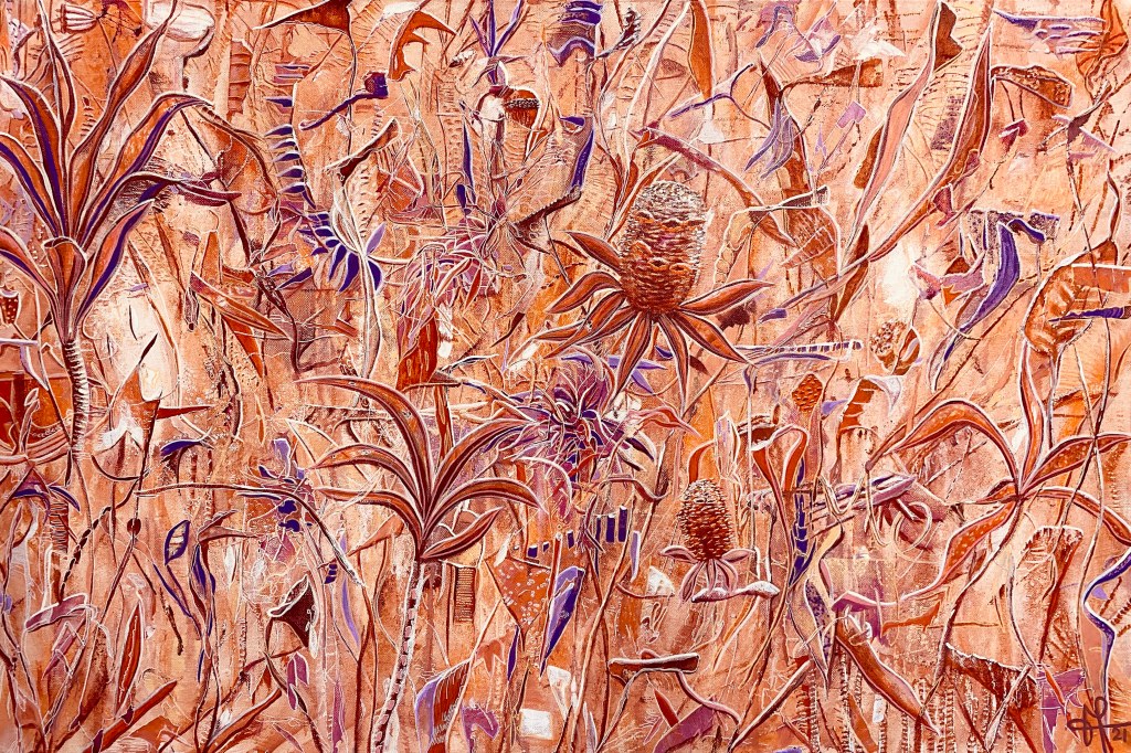 This is my impression of the beautiful garden of a dear friend, in Noosa Hinterland.
It was New Year Day. I felt playful, warm, tender, and soft and happy, to be surrounded by such beautiful nature... and I dived into the making of this painting... during blissful hours... so this painting reflects my mood.